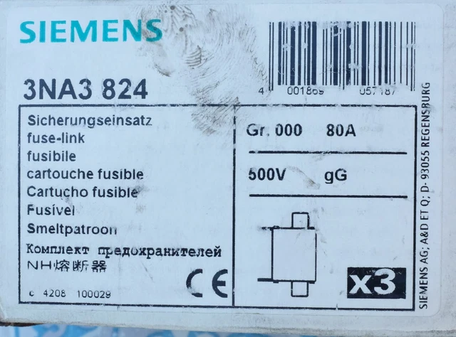 3X Siemens 3NA3824 fusible 80A taille 000 gG 500V Lot de 3 3