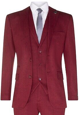Mens Wine 3 Piece Wool Tweed Herringbone Suit Peaky Blinders Classic Tailored