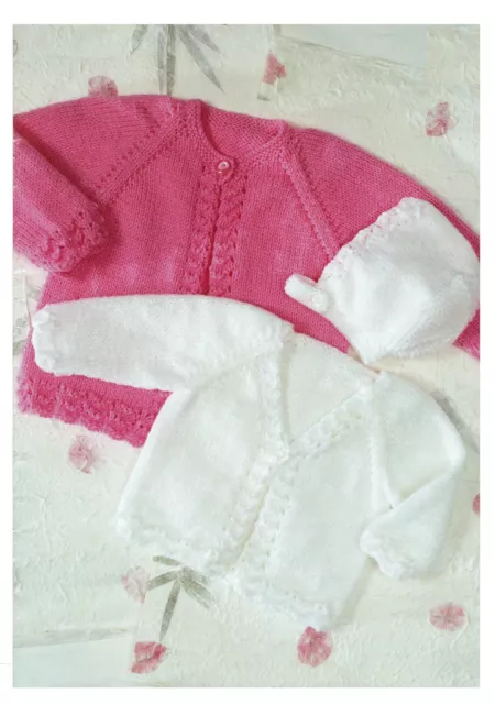 Baby girl cardigan & bonnet knitting pattern in DK V r round neck Raglan sleeves