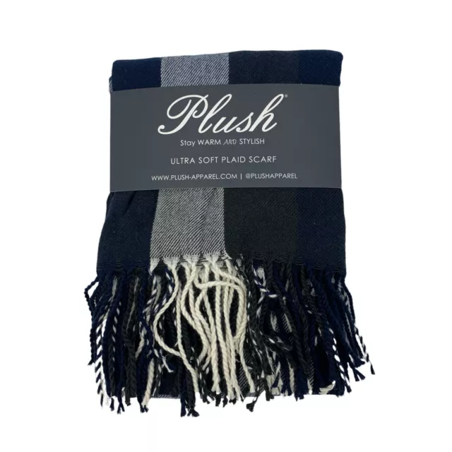 Plush Ultra Soft Plaid Scarf Adult OS One Size Navy Blue Charcoal White Fringe