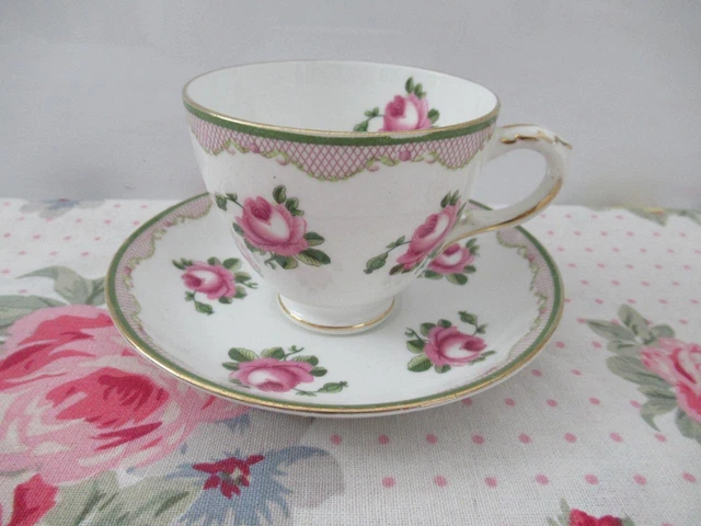 Crown Staffordshire Prettiest Pink &Green Duo Tea Cup & Saucer Set Fine China