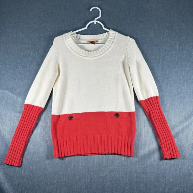 Tory Burch Womens Sweater Size S White Red Cotton Pullover Round Neck