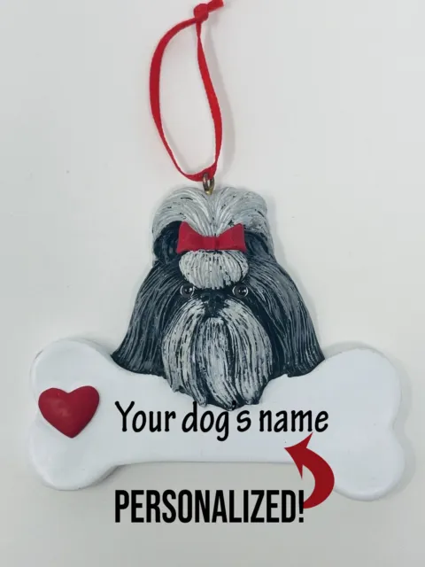 Personalized Gray Shih Tzu Dog Name Christmas Ornament Figure Heart Valentines