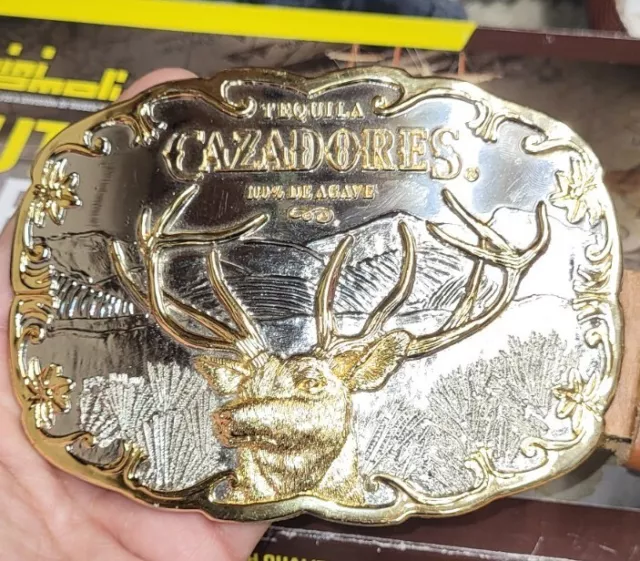 Cazadores Tequila Promo Belt Buckle Bull Elk De Agave With Leather Belt Size 36