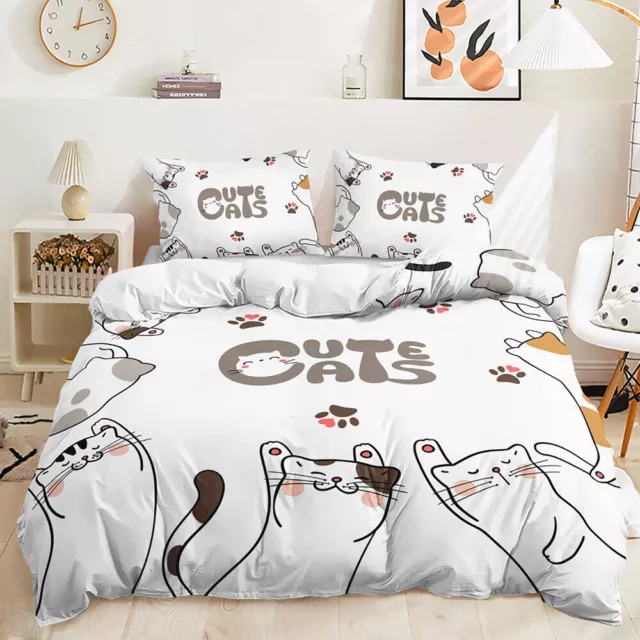 Flowers Pet Cats Jolly Cat Cartoon Animal Print Doona Duvet Quilt Cover Bed Set