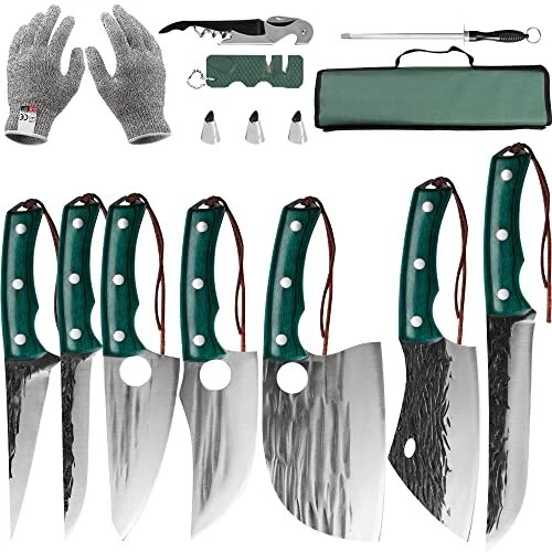 FULLHI Portable 13pcs Butcher Chef Knife Set Green woodhandle High Carbon Ste...