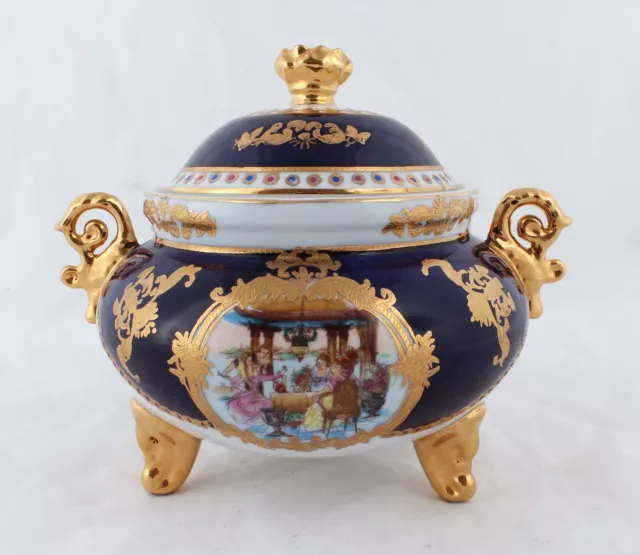 L.F. Fine Vintage Porcelain French Sevres Style Limoges Cobalt & 22k Lidded Bowl