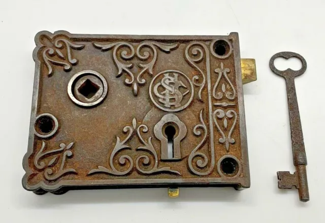 Ornate Cast Iron Brass Mortise Escutcheon Thumb Lock HSC Hearts Scroll Key Origi