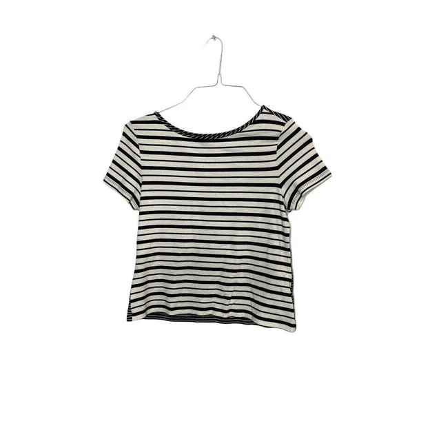 Yansi Fugel women’s white Black striped Short Sleeve Blouse crop  Top sz L rare