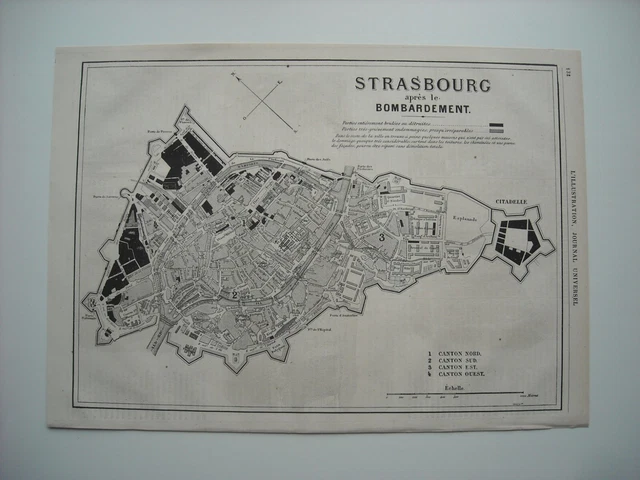 1871. Plan De La Ville De Strasbourg Apres Le Bombardement. Parties Endommagees.