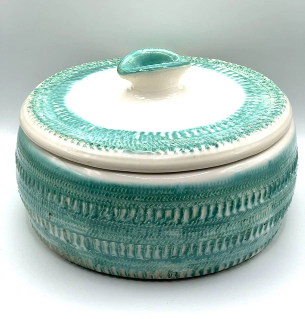 VTG 1961 Handmade Pottery Ceramic Bowl w/Lid Turquoise/White Colors Signed MCM