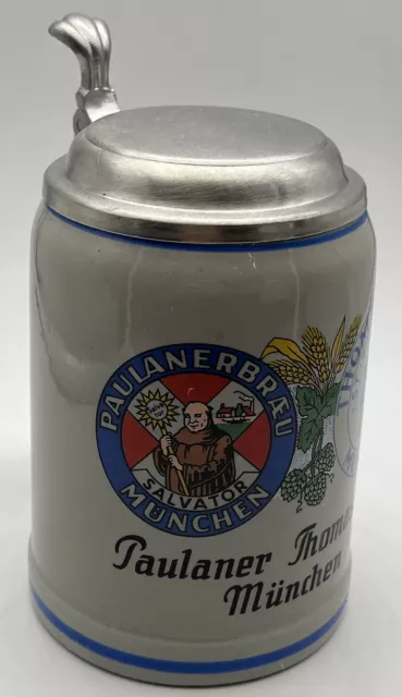 Original Steingut Bierkrug - Paulaner Thomasbräu München - mit Zinndeckel - 0,5L