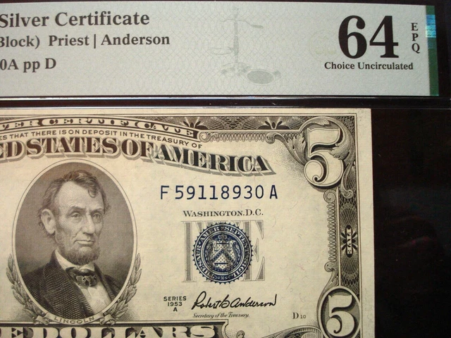 1953-A $5 Silver Certificate - Pmg 64 Epq 4