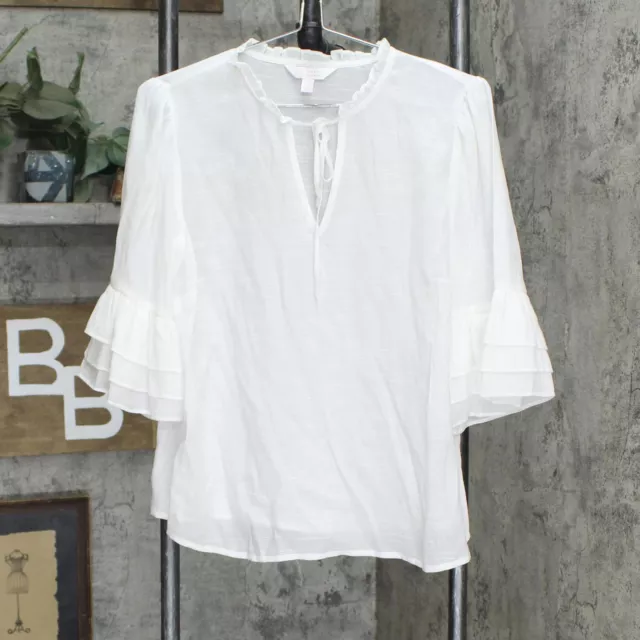 LC Lauren Conrad Womens Ruffle Neck Flutter Sleeve Unlined Blouse White M