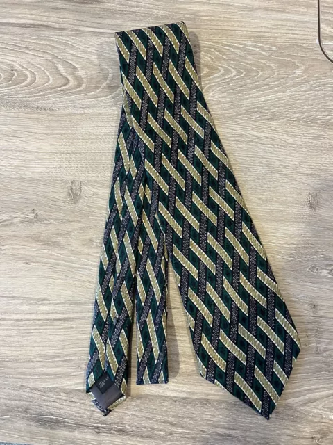 Ermenegildo Zegna Silk Tie Green Black Gold White Pattern Made In Italy