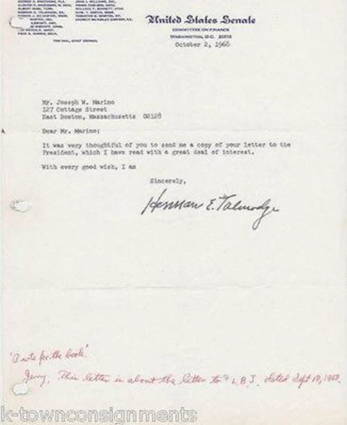 Herman Talmadge Georgia Senator Vintage Autograph Signed Senate Letter 1967