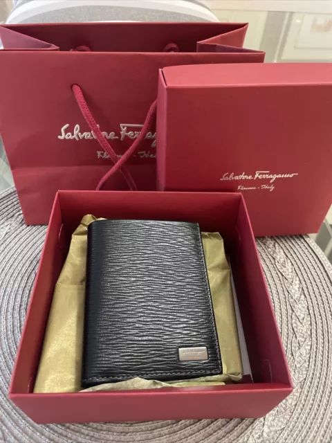 Salvatore Ferragamo Bifold Wallet Black Leather Unused W/gift Bag & Box