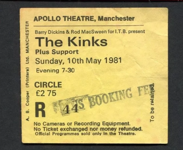 1981 The Kinks concert ticket stub Manchester UK You Really Got Me Lola