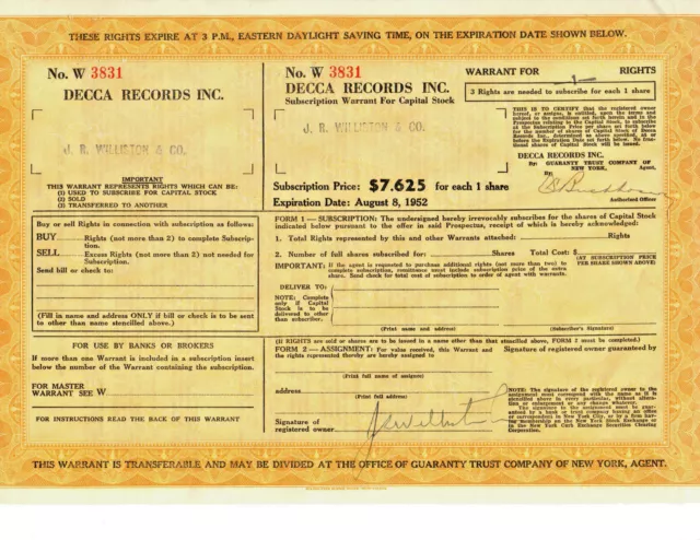 RARE Vintage DECCA RECORDS Stock Certificate Warrant Options from 1952