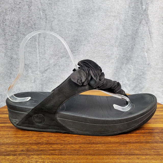 FitFlop Sandals Women's 9 Black Suede Leather Thong Ruffle Frou Platform Shoes