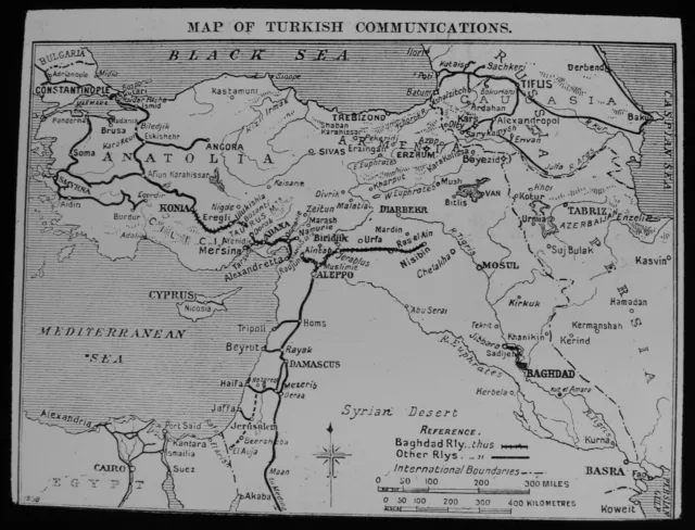 Magic Lantern Slide MAP OF TURKISH COMMUNICATIONS WW1 PHOTO WORLD WAR ONE