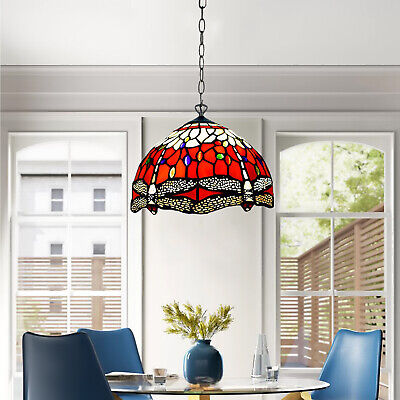 Tiffany Dragonfly Red 10 inch Pendant Lamp Stained Glass Shade Antique Style