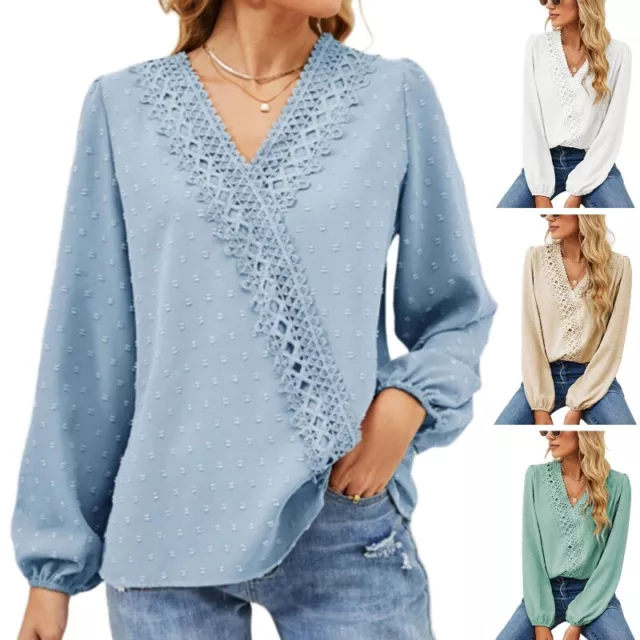 Women Puff Long Sleeve Chiffon Blouse Wrap V-Neck Lace Trim for Dot S