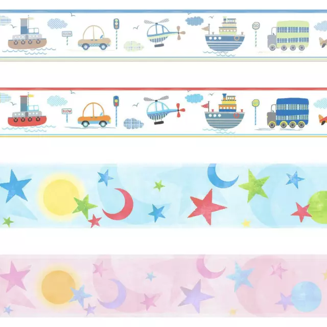 Kids Nursery Stars Moon Boats Cars Plane Wallpaper Border Galerie Pink Blue