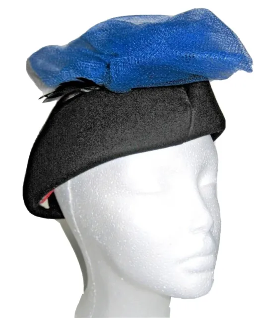 Adolpho II Bollman Womens Hat Black Felt Blue Netting Black Feather Cocktail Hat