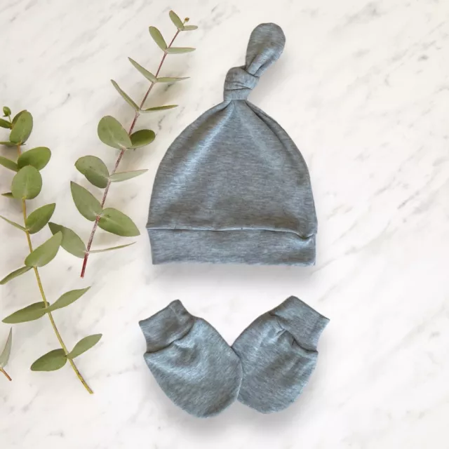 Grey Top Knot Hat, Mittens  Going Home Outfit Baby Shower Gift  Set /Size 0-6 M