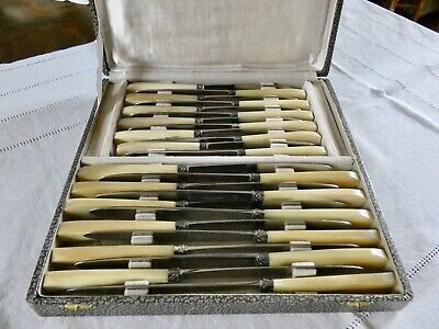 ANCIENS 11 COUTEAUX TABLE 11 COUTEAUX DESSERT CORNE ACIER TOLLIS TARDIS DAX 