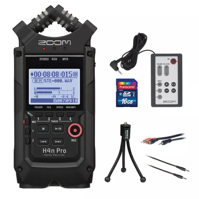 Zoom H4n Pro All Black Recorder w/ RC4 Remote, 16GB Memory Card, Tripod Kit