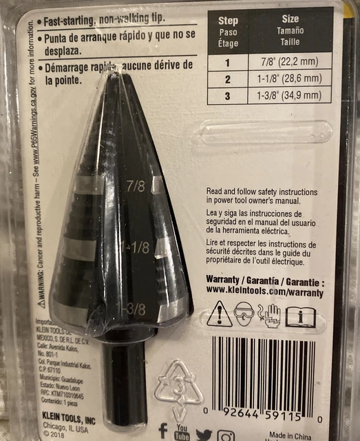 Klein Tools KTSB15 Step Drill Bit #15 3 Hole Sizes: 7/8”, 1-1/8”, 1-3/8” NEW 2