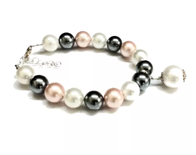 PULSERA PERLAS SHELL10mm Tricolor + CHARM PERLA Todo Plata 925 Envío certificado 2