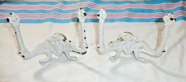 Antique ~ Salvage ~ Two Shabby Chic Cast Iron Double Hat/Coat Hooks        #2419