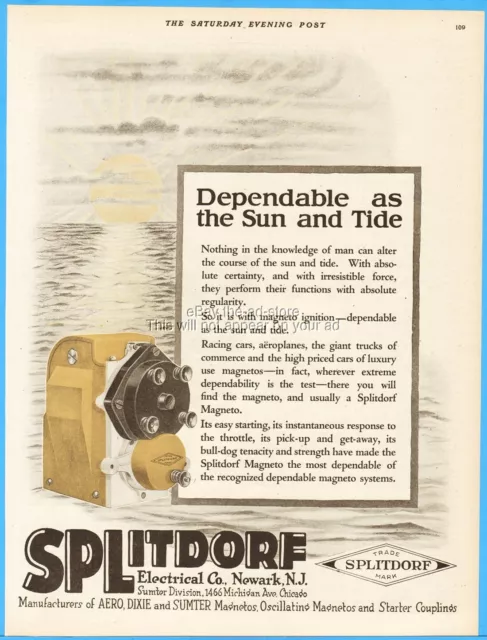 1919 Splitdorf Electrical Co Ad Magneto Newark NJ Dependable as the Sun and Tide