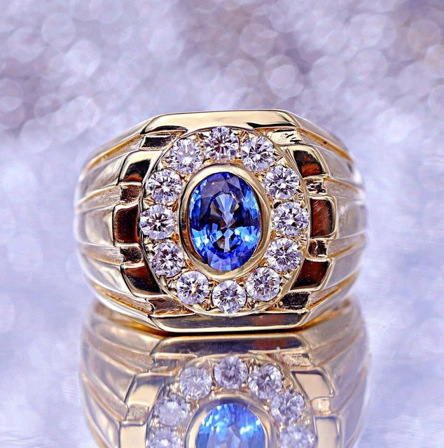 Top Quality Blue Natural Sapphire 2.72 Ct Men's Real Diamond 14K Gold Heavy Ring