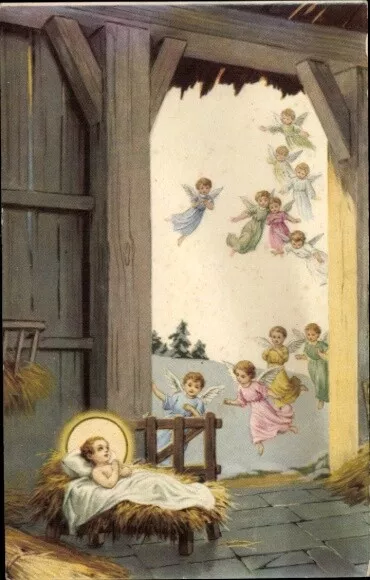 Ak Glückwunsch Weihnachten, Jesus in der Krippe, Engel - 4205940