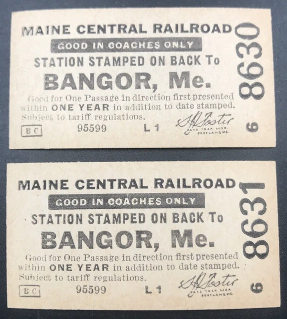 Lot of two (2) Vintage Maine Central Railroad MEC Bangor Coaches Ticket
