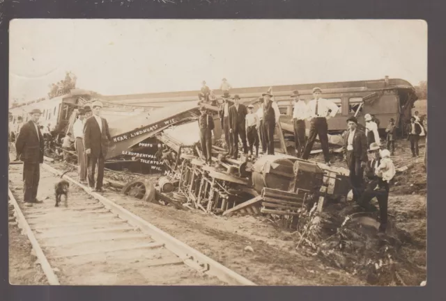 Lyndhurst WISCONSIN RPPC 1913 TRAIN WRECK Disaster nr Shawano Neopit WI KB #1