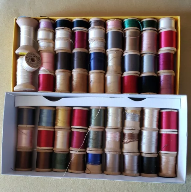 Lot 65 Vintage Thread Wood Spools Sewing Silk 100 yds Twist Corticelli Belding