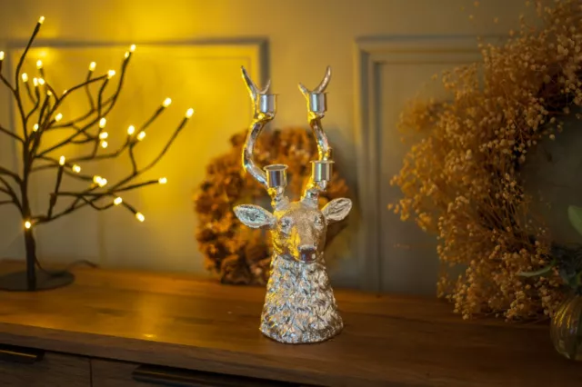 Christmas Taper Candle Holder Silver Stag Reindeer Head Home Decor Deer Antler