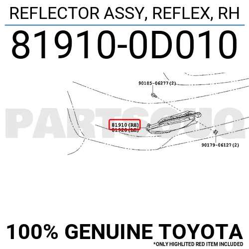 819100D010 Genuine Toyota REFLECTOR ASSY, REFLEX, RH 81910-0D010 OEM