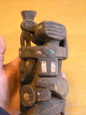 Pre-columbian Wari Culture Hand Carved Wooden Kneeling Warrior Thunderbird Inlay 3