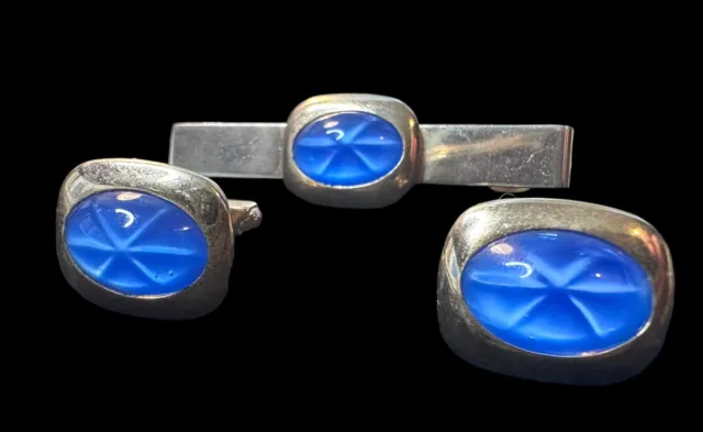 Vintage ANSON Blue Star Glass Cabochon Gold Tone Tie Clip & Cufflinks Set