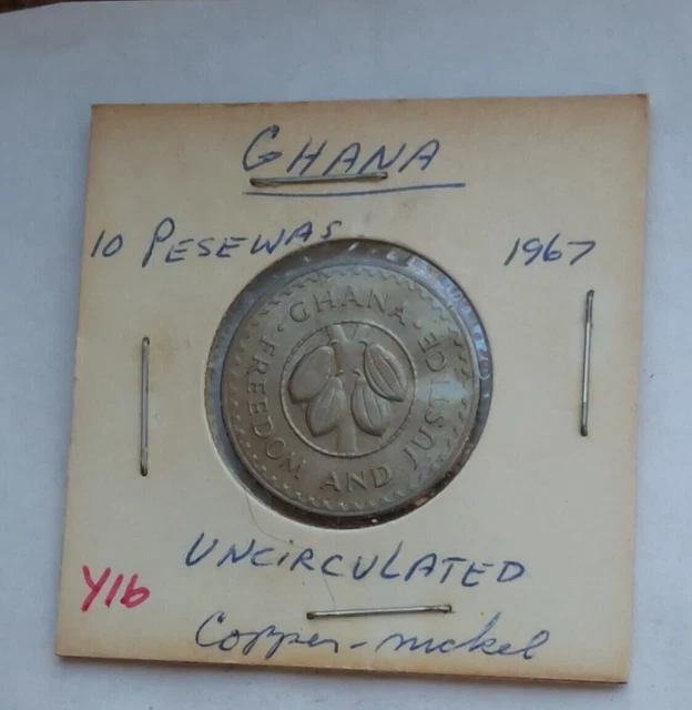 1967 Ghana 10 Pesewas Copper Nickel BU Coin KM#16 Cocao Beans Within Circle