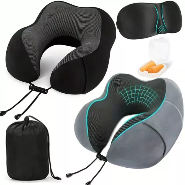 Kids Adults Memory Foam U-Shaped Travel Neck Pillow w/Earplugs Mask & Carry Bag