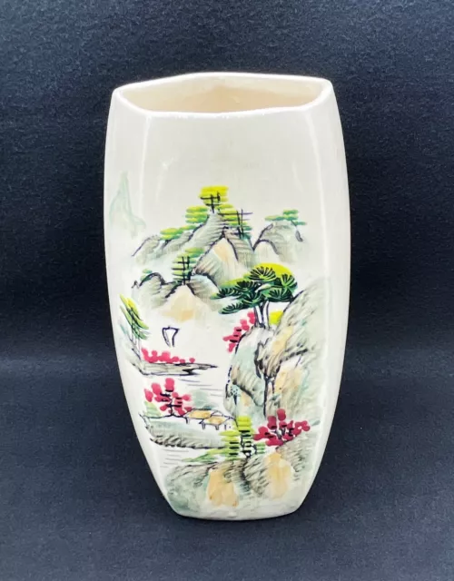 Studio Art Pottery Japanese Five Sided Vase Hand Painted Mountainside Scene