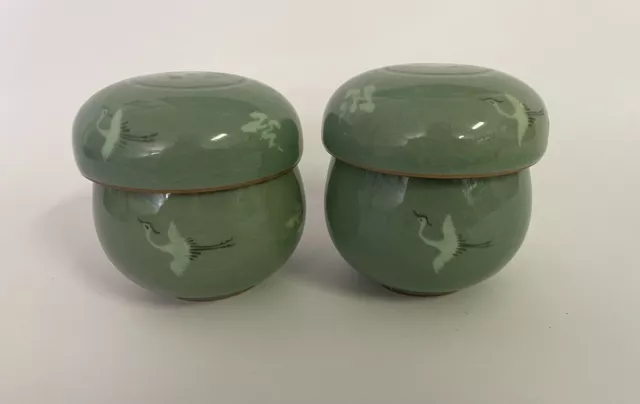 Vintage Pair Korean Celadon Flying Cranes and Cloud Tea Cup Sets with Infusers