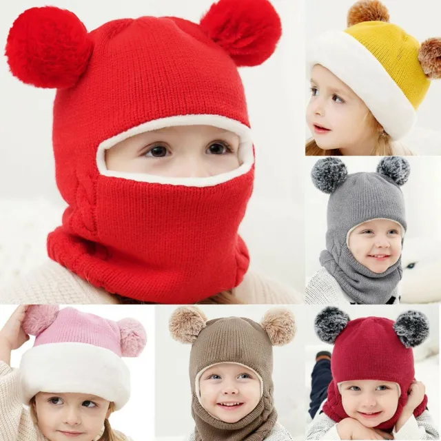 Kids Boys Girls Hooded Scarf Caps Fur Ear Hat Winter Warm Knitted Flap Scarf Cap
